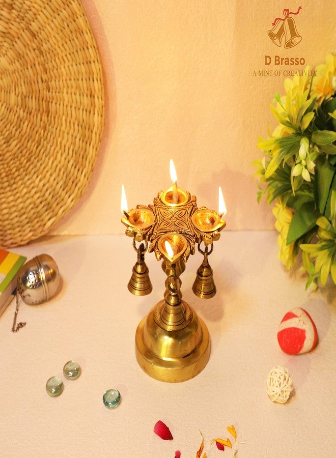 D Brasso Brass Handmade 4 Wick Oil Diya | Antique Finish Brass Diya with Bells | Traditional Pooja Lamp for Temple & Mandir - Image 4